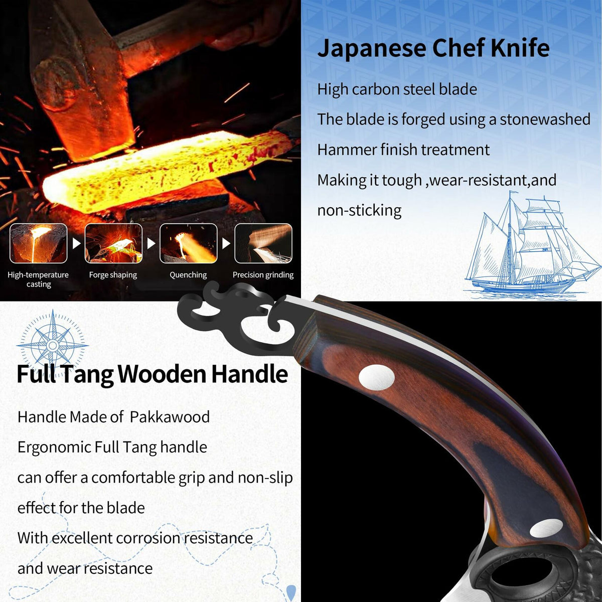 XYJ Forged Boning Knife Carbon Steel Full Tang Coffee w/ Sheath