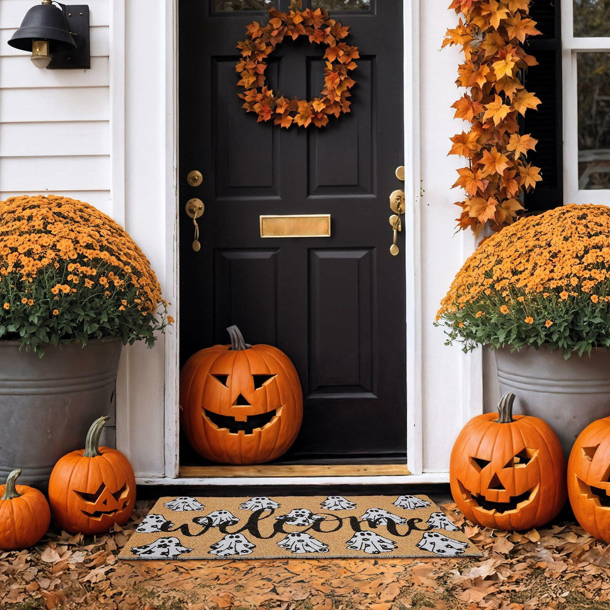 Dunzy Halloween Ghost Welcome Doormat Black Brownish Yellow 17x29 Rectangular