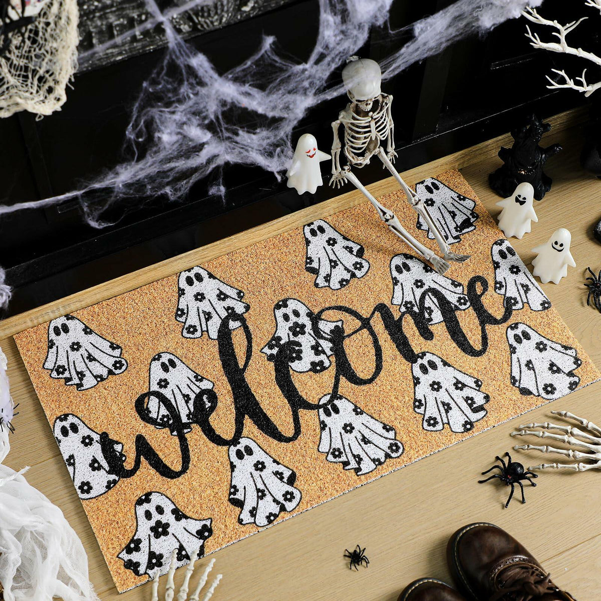 Dunzy Halloween Ghost Welcome Doormat Black Brownish Yellow 17x29 Rectangular