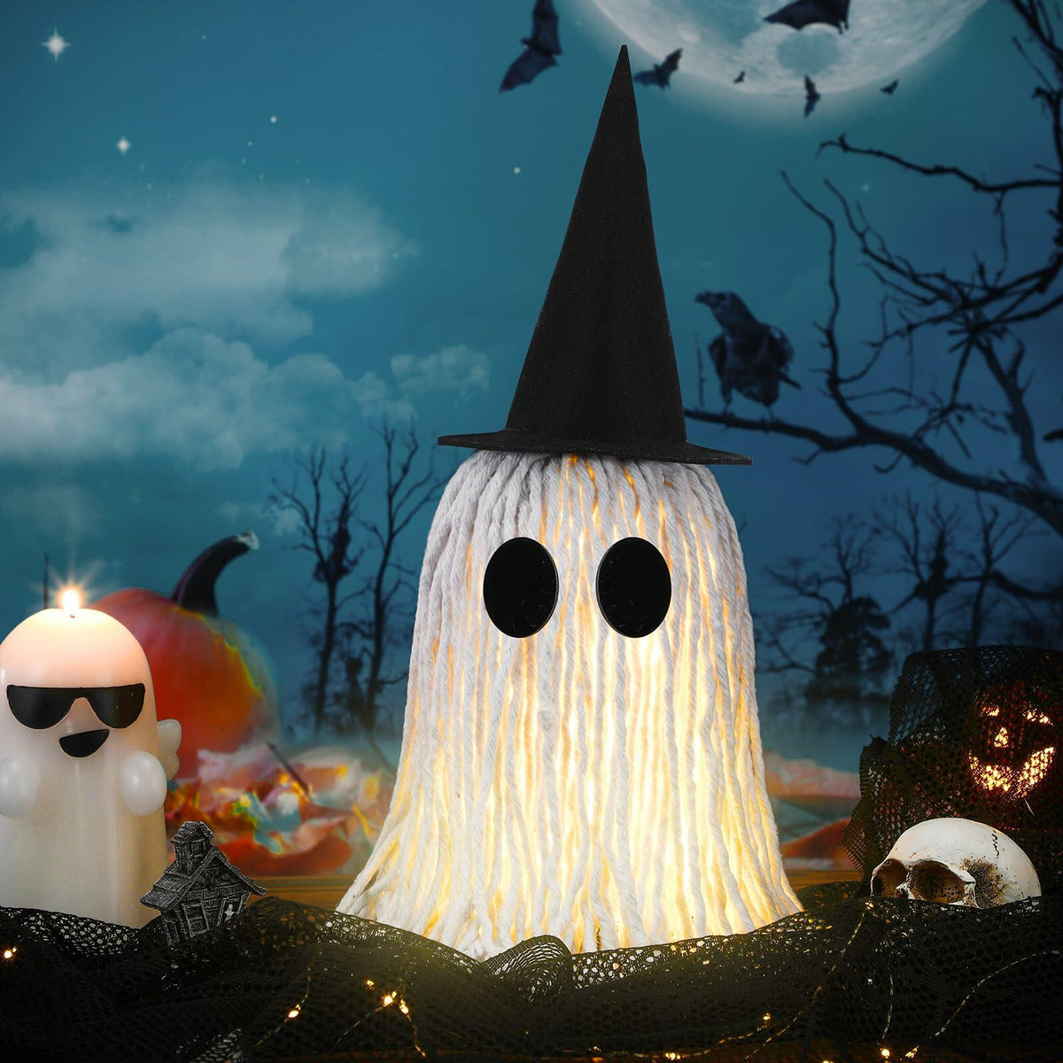 RoundFunny 12in Light Up Boho Ghost Halloween Decoration Witch Hat Black White