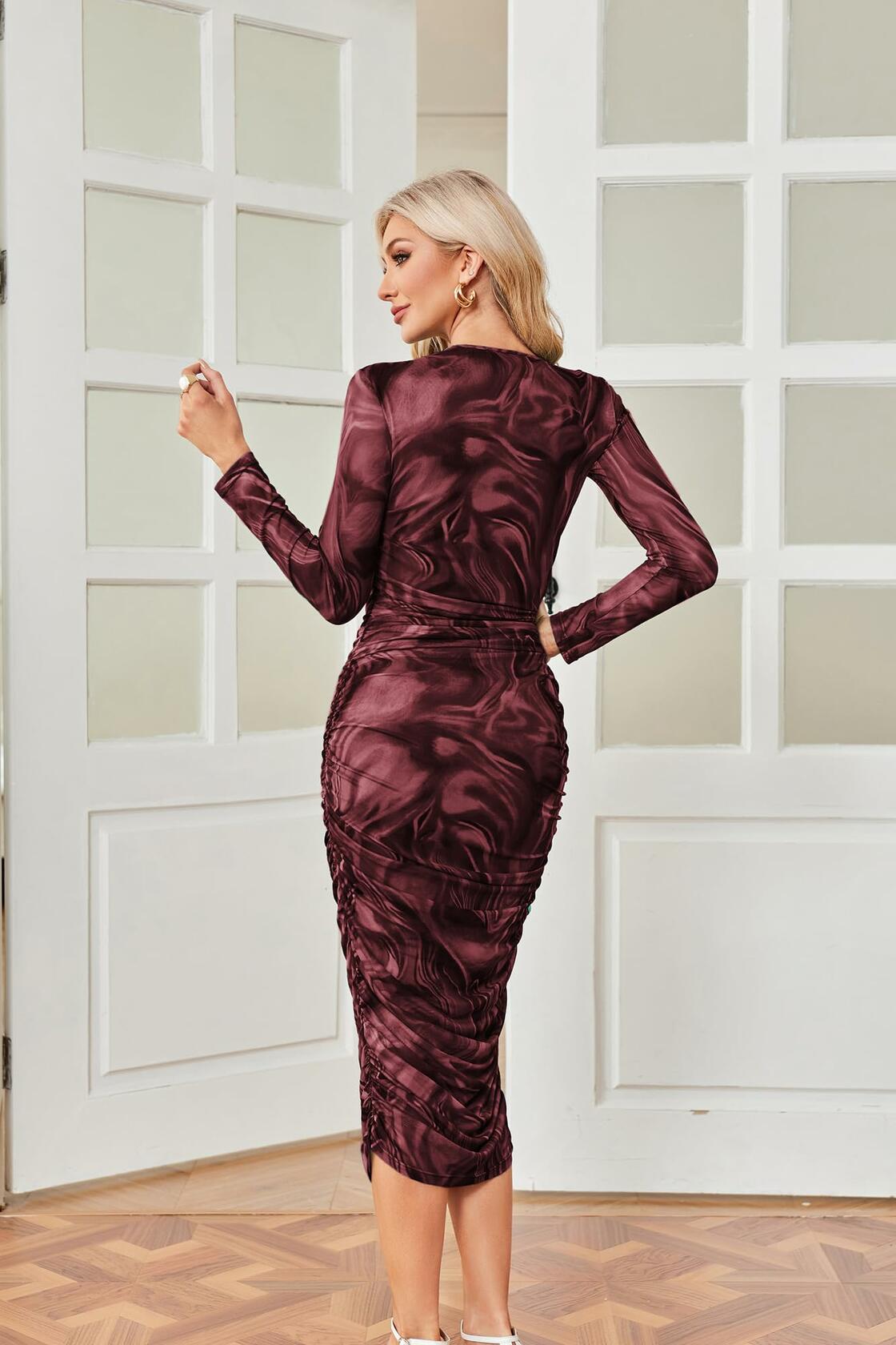 GRACE KARIN Wine Red Marble Ruched Printed Bodycon Midi Dress Size 12