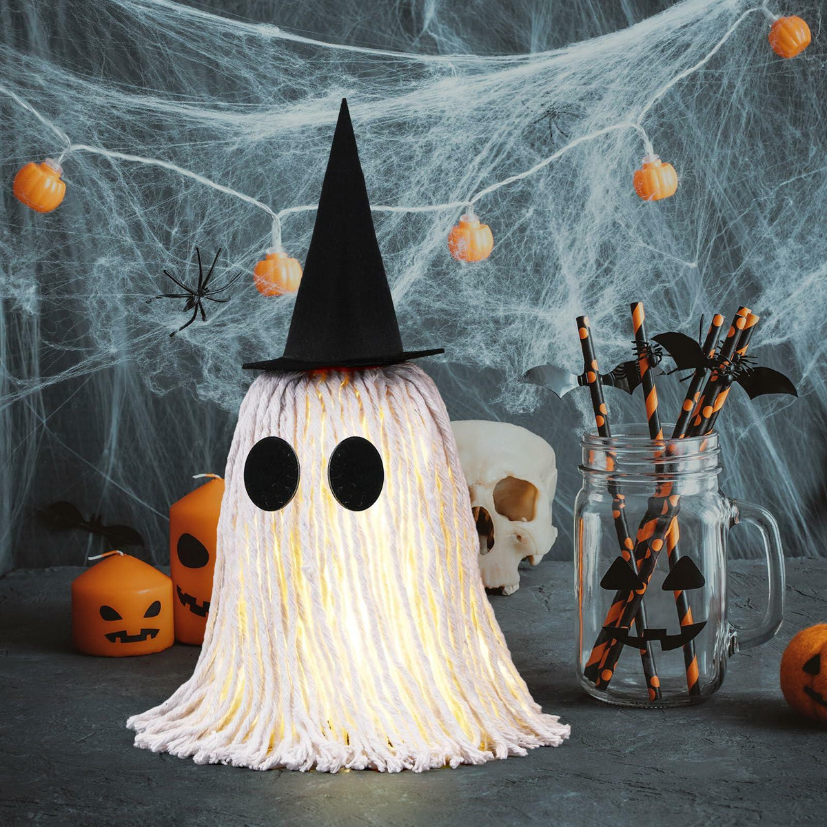 RoundFunny 12in Light Up Boho Ghost Halloween Decoration Witch Hat Black White