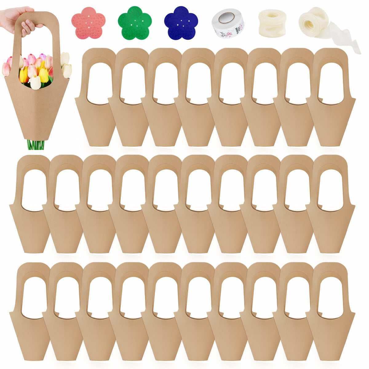 DIBALIYI 25 Pcs Kraft Paper Flower Gift Bags with Handle Brown Floral