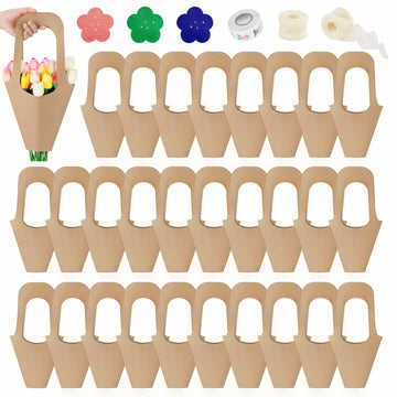 DIBALIYI 25 Pcs Kraft Paper Flower Gift Bags with Handle Brown Floral