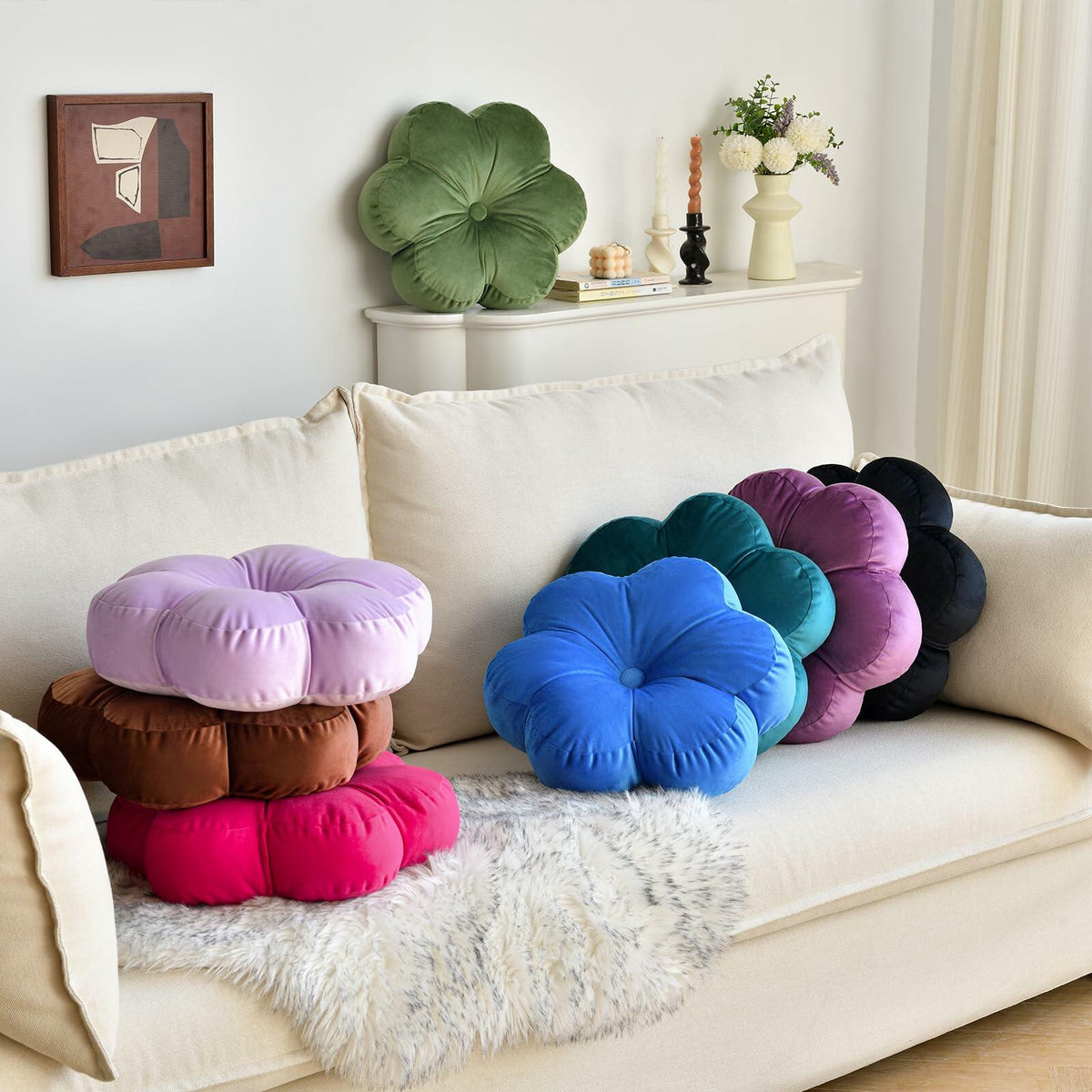 Xuyier Flower Shaped Velvet Throw Pillow 15in Black Floral Modern Decor