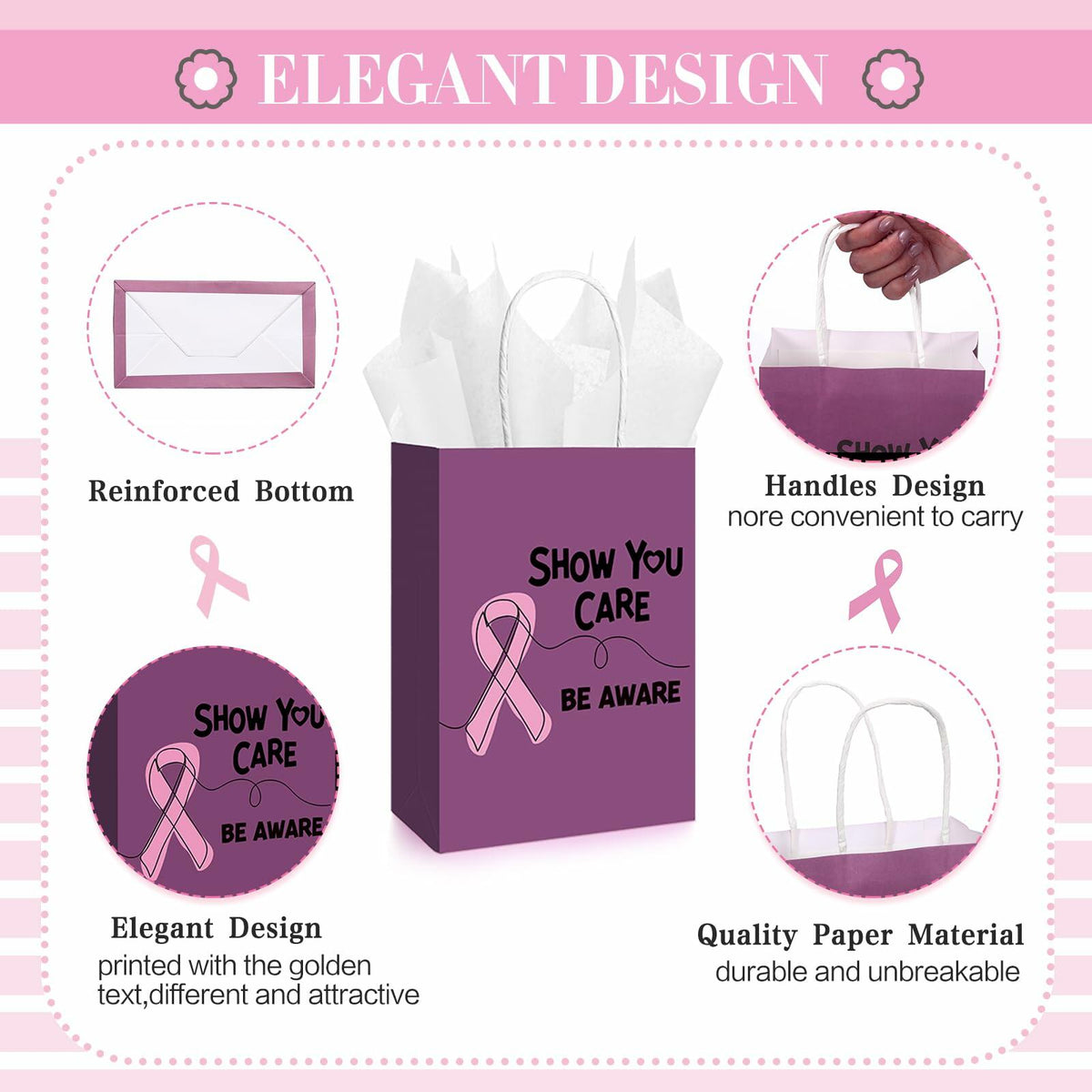 Abbylike 36 Pcs Breast Cancer Awareness Gift Bags Pink Ribbon Pink Color