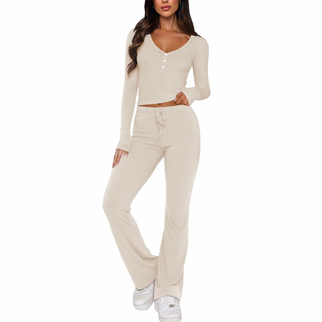 ECHOINE Women's Lounge Set LongSleeve Crop Top Straight Leg Pants Apricot Size L