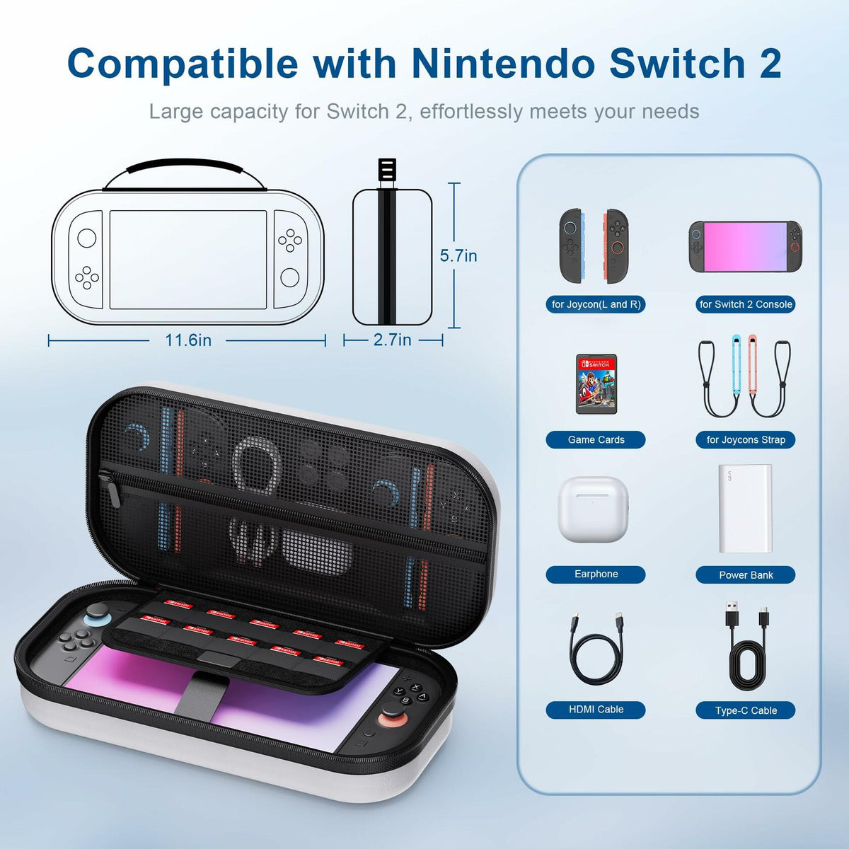 STARTRC GAMES Switch 2 Carrying Case Large Capacity PU Hard Travel Bag White