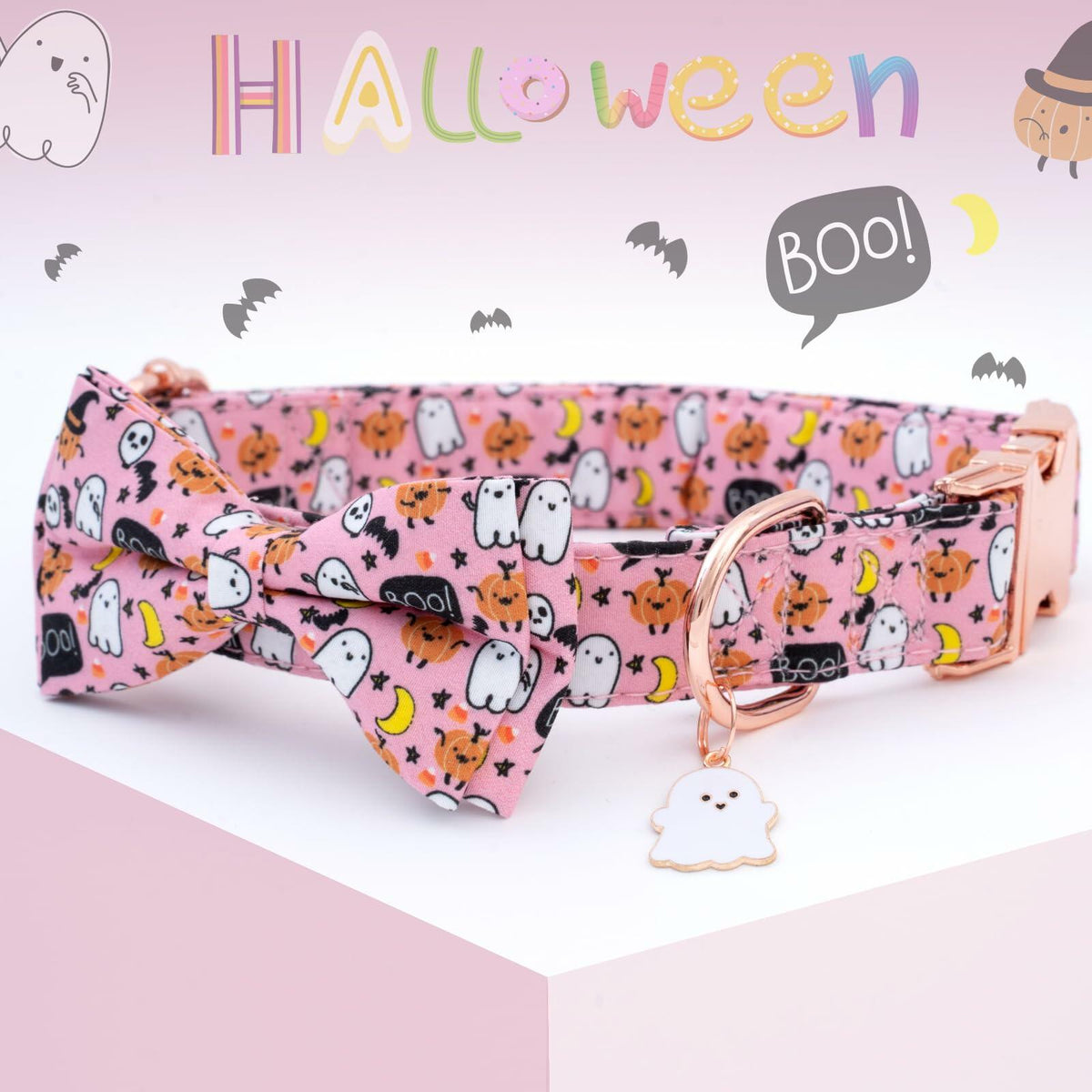 Faygarsle Halloween Dog Collar Pink Cotton Pumpkin Pattern Size S
