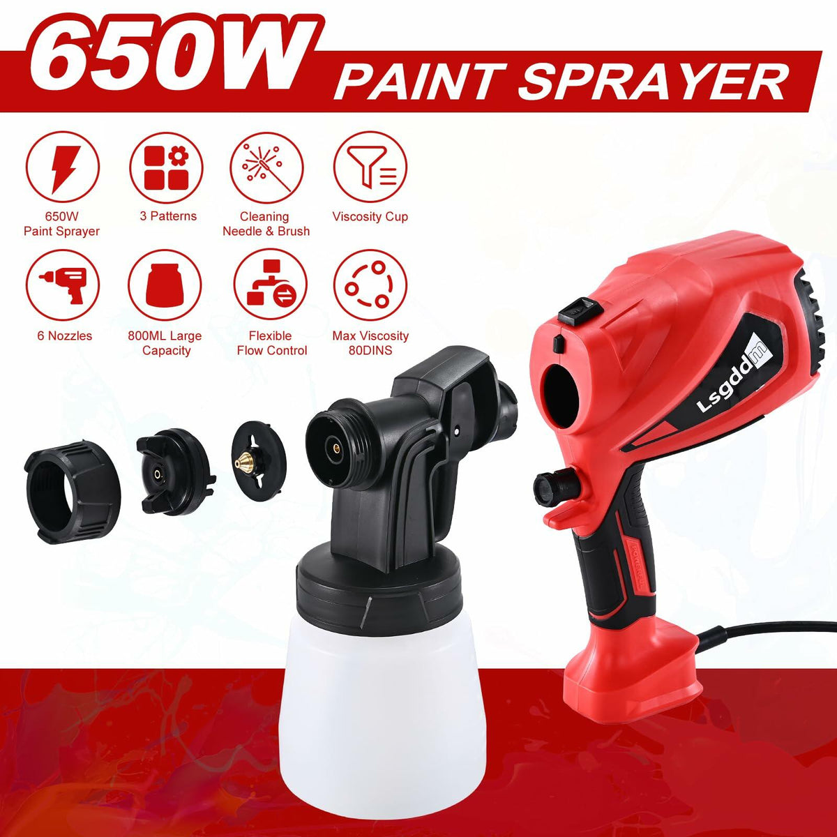 Electric Paint Sprayer with 6 Copper Nozzles & 3 Patterns for DIY Use