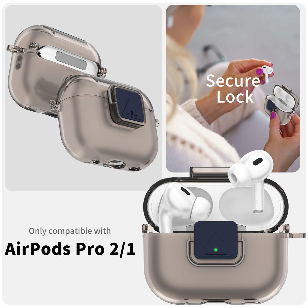 Nimuw Secure Lock Airpods Pro 1st/2nd Gen Case Soft TPU Clear Grey