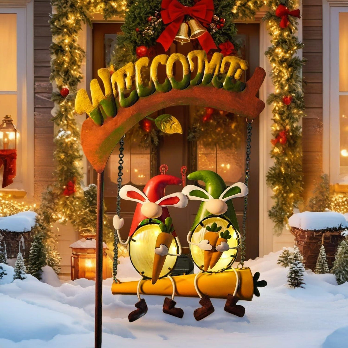 HONGLAND Solar Christmas Gnomes Outdoor Decor Orange Rabbit Welcome Sign