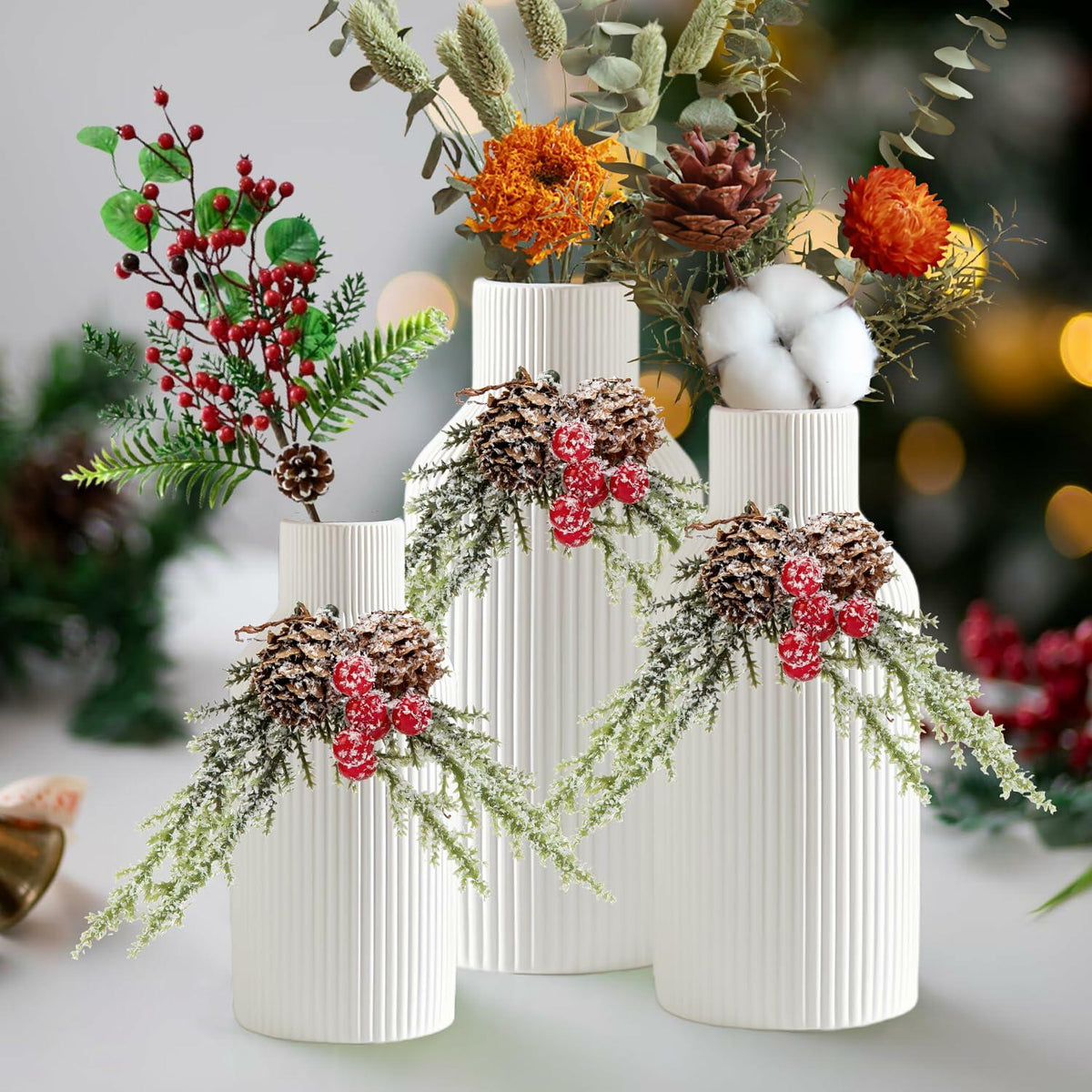 Brighomrom Christmas Ceramic Vases Set of 3 White Ribbed Pineflower Rings