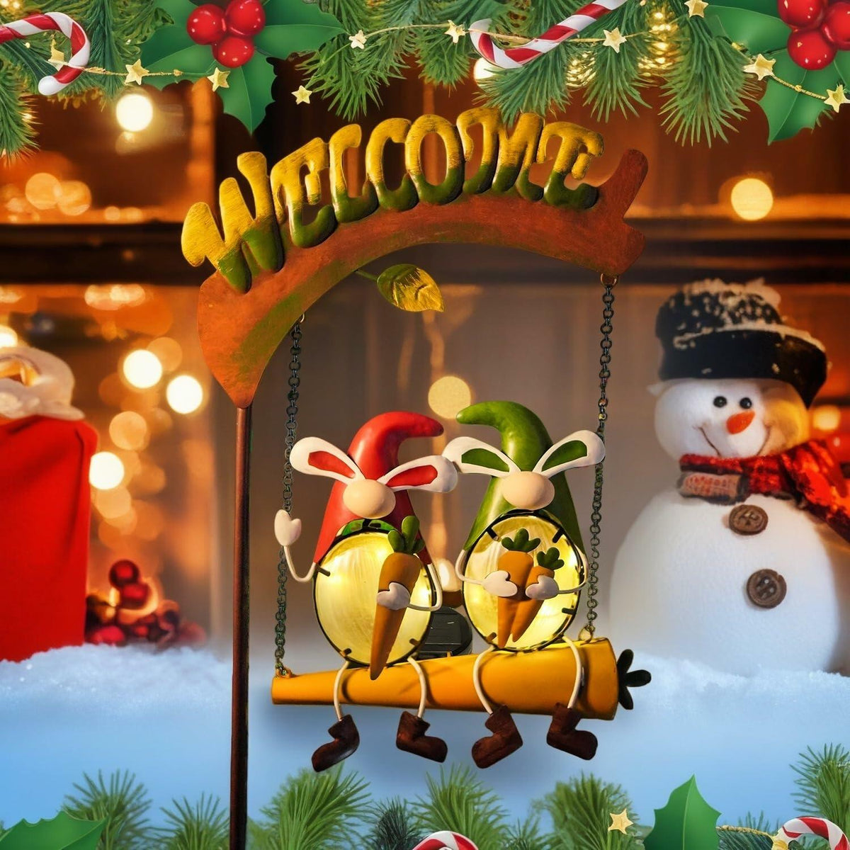 HONGLAND Solar Christmas Gnomes Outdoor Decor Orange Rabbit Welcome Sign