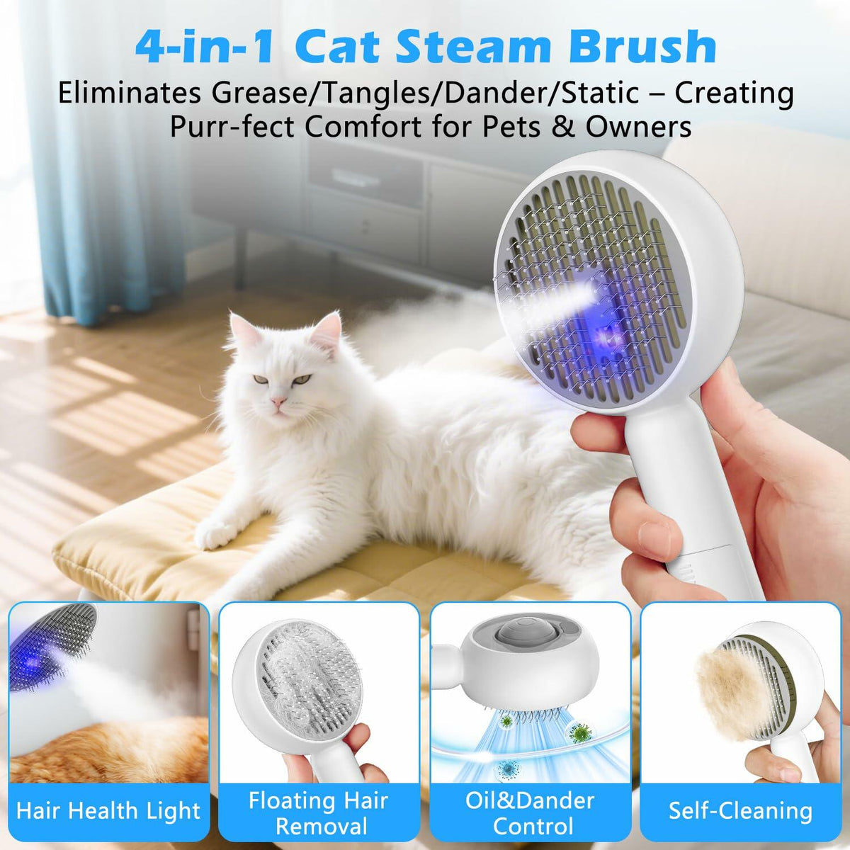 ALAFLY 4-in-1 Cat Steam Brush Grooming Comb Shedding Massage Gray