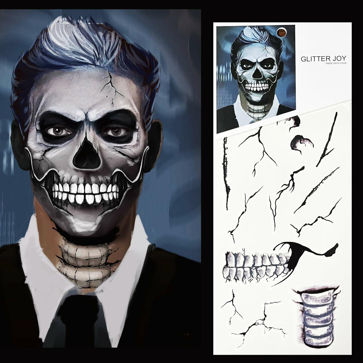 LEOARS Fake Zombie Face Tattoos Dia De Los Muertos Halloween Temporary Black