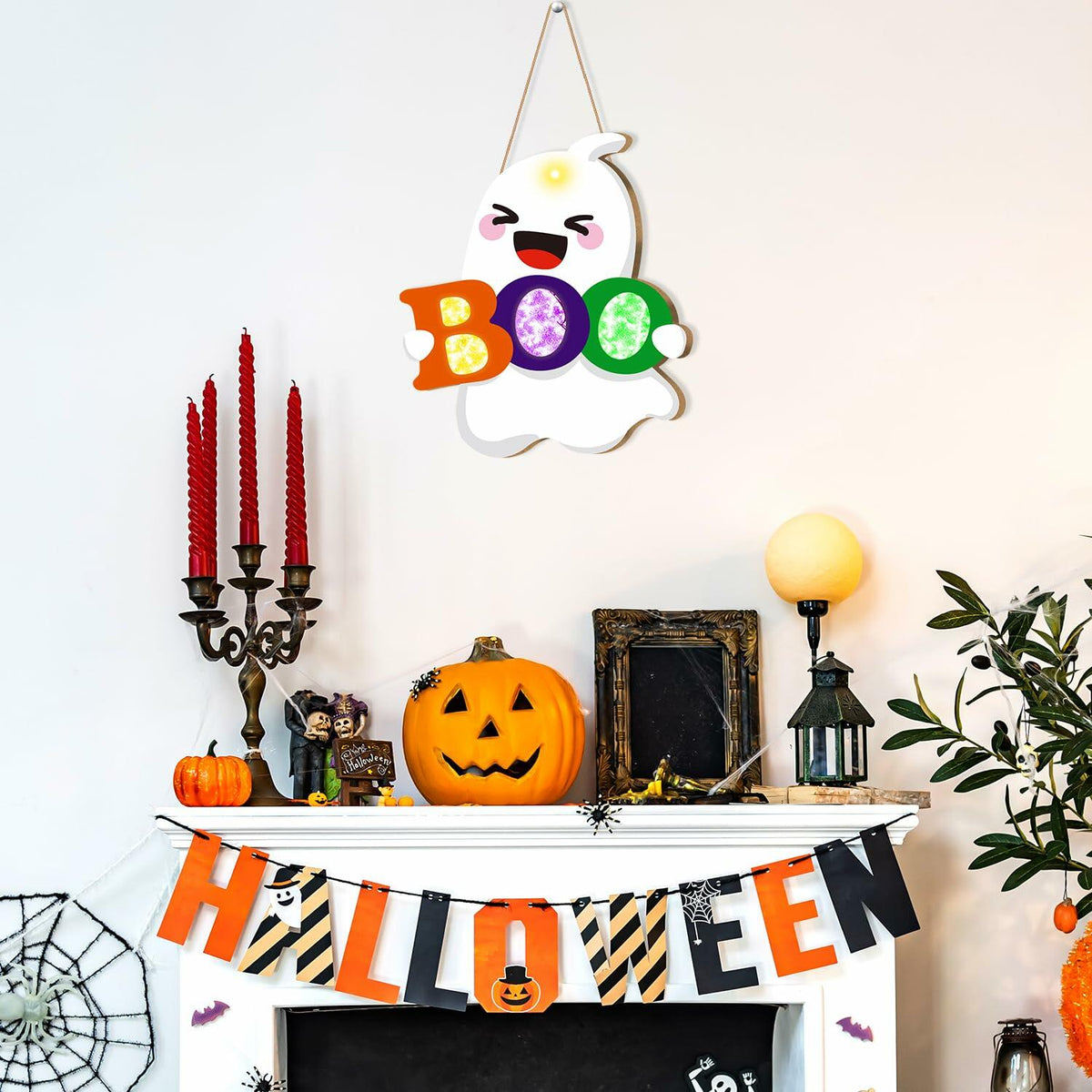 tineit BOO Halloween Ghost Door Decor Lighted Hanging Sign 12x13 White