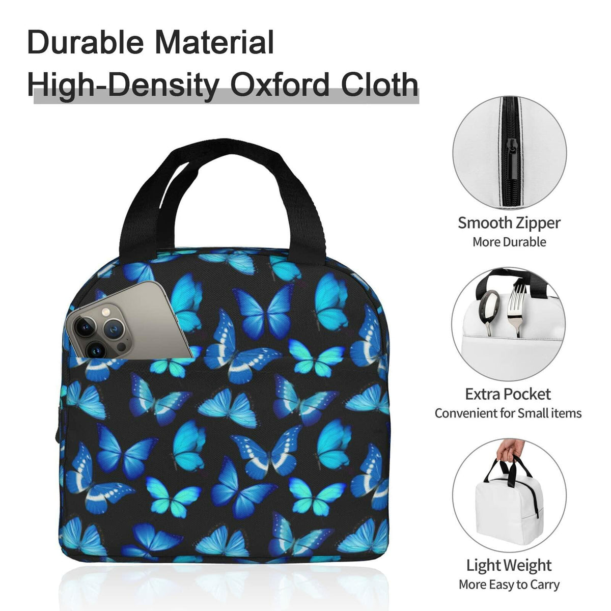 COWDIY Insulated Lunch Bag Black Blue Butterfly Print Waterproof Tote 5.3L