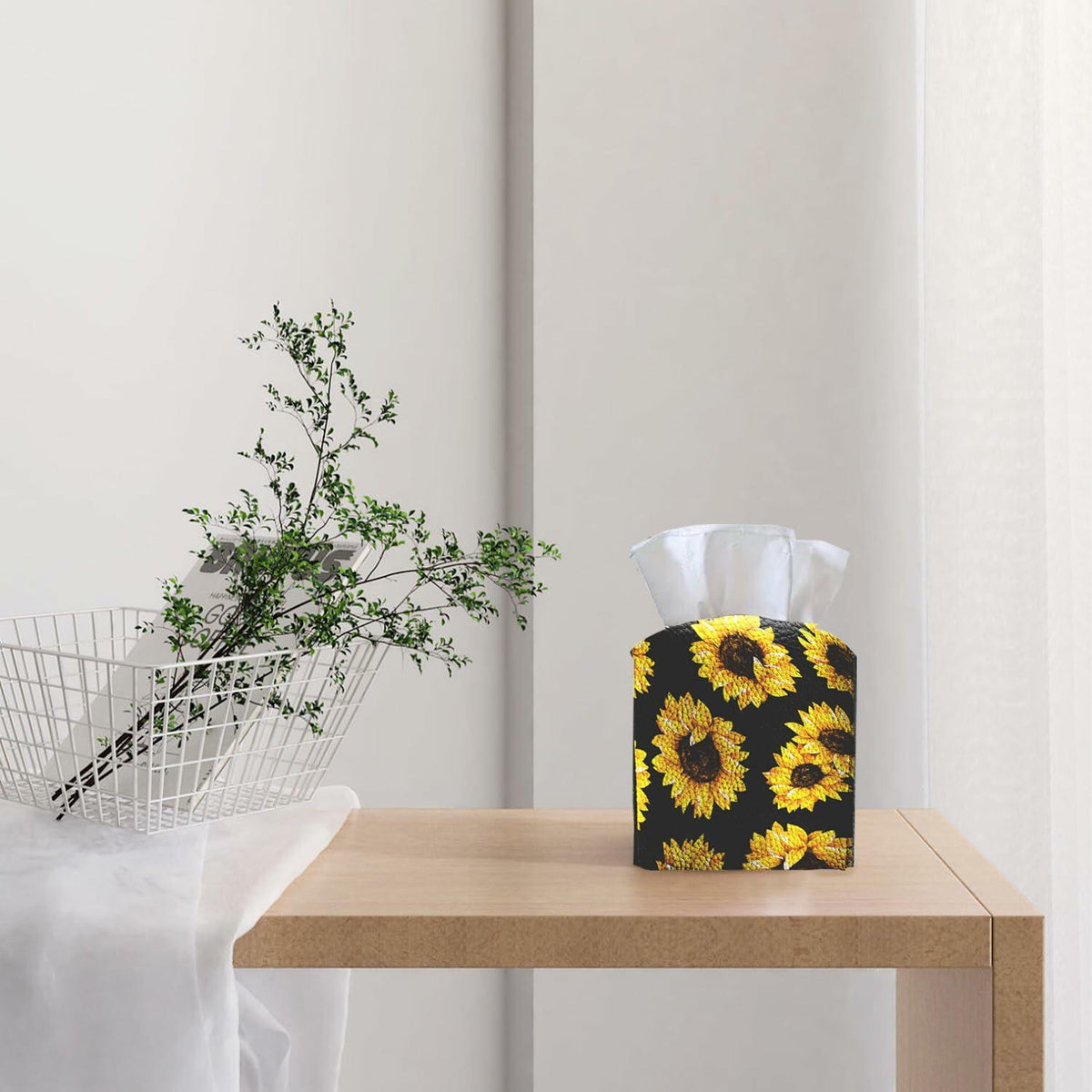 TESIQIMT PU Leather Sunflower Tissue Box Cover 5x5x5in
