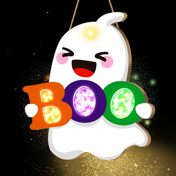 tineit BOO Halloween Ghost Door Decor Lighted Hanging Sign 12x13 White