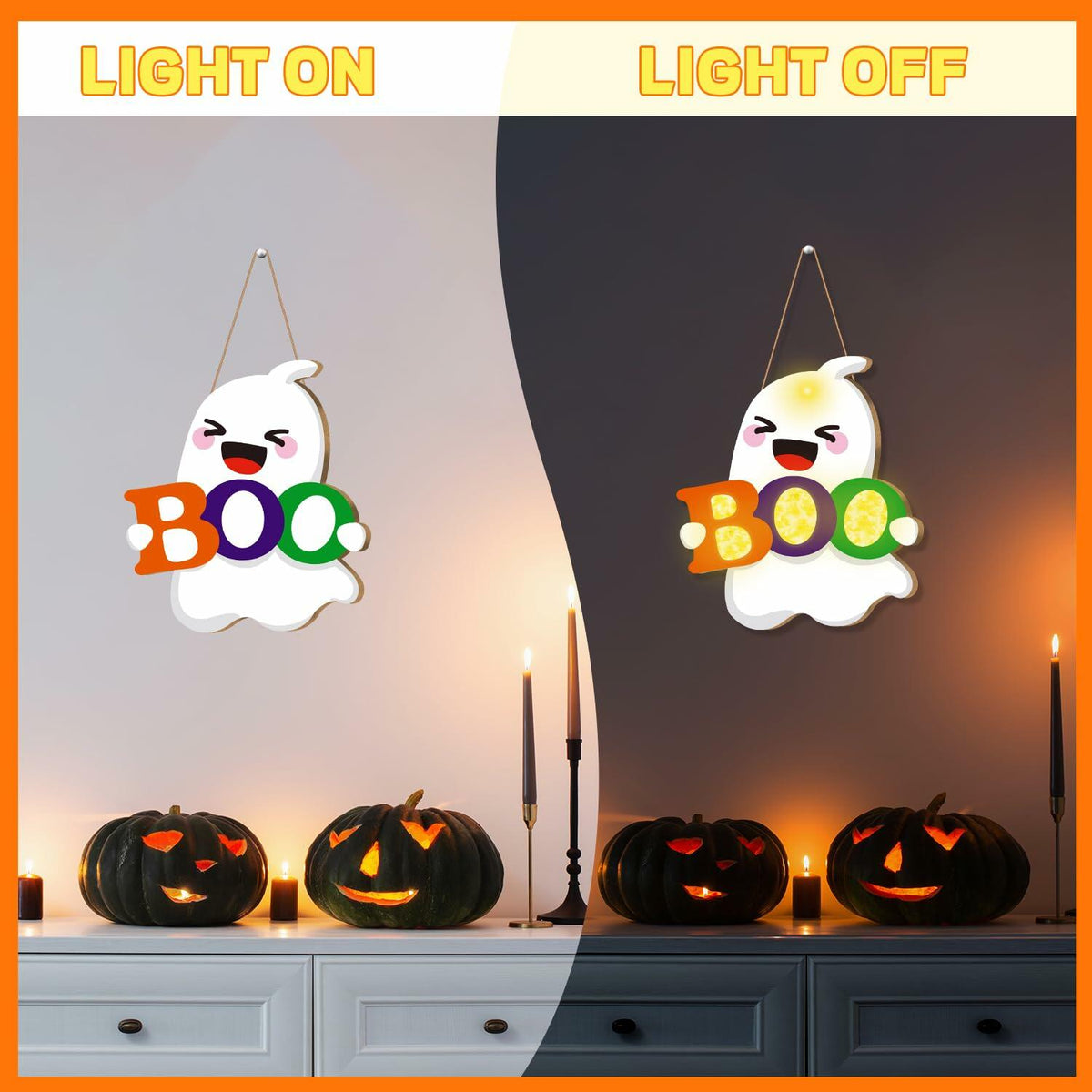 tineit BOO Halloween Ghost Door Decor Lighted Hanging Sign 12x13 White