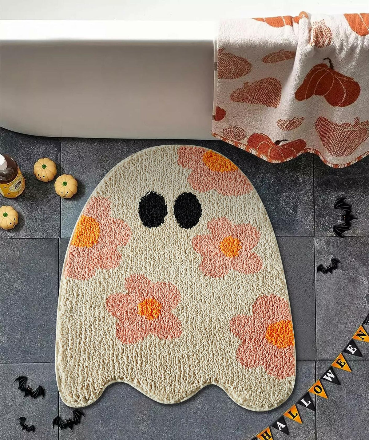 Ouyattle Halloween Ghost Bath Mat Non-Slip Washable Boho Floral Khaki