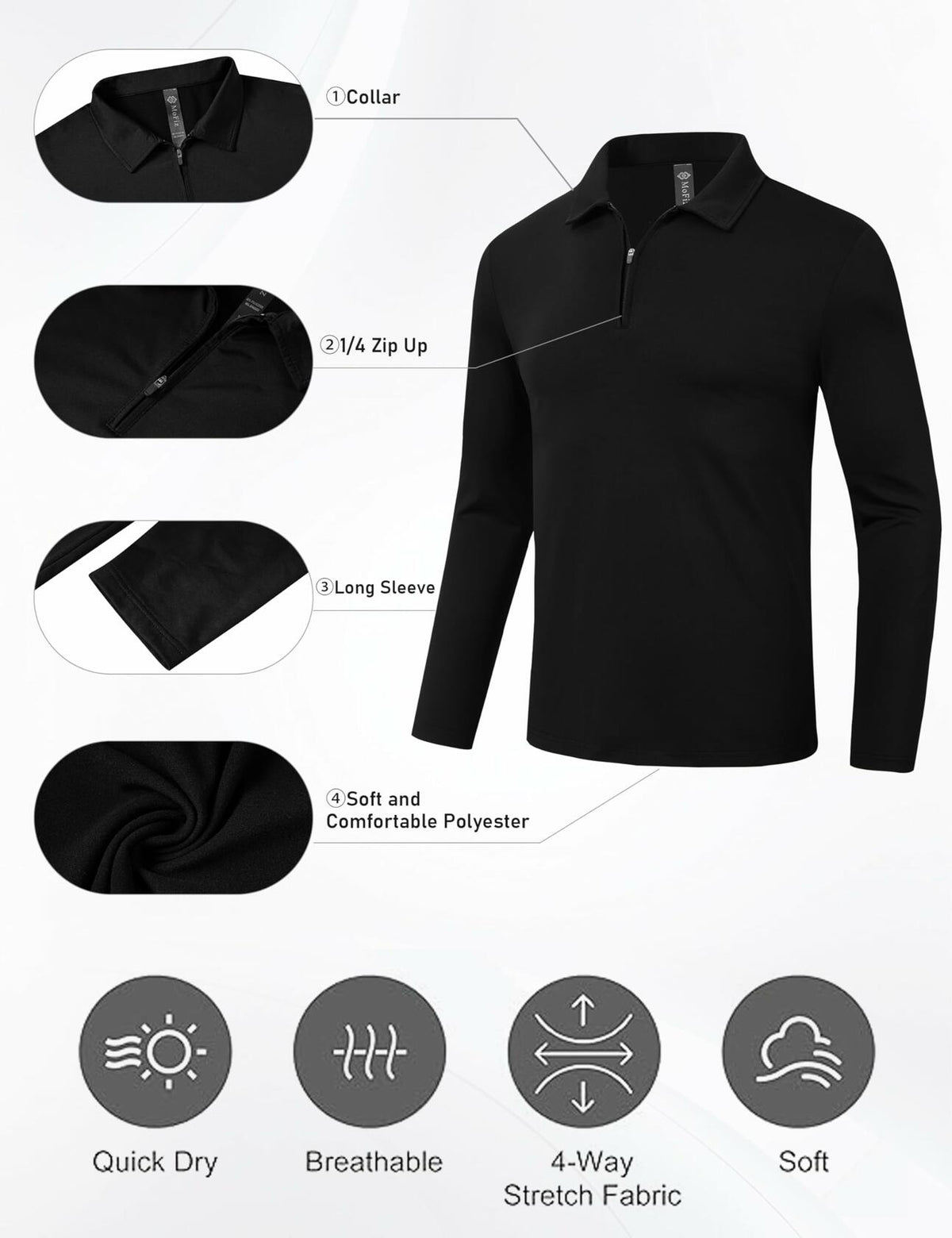 MoFiz Men's Long Sleeve Polo Shirt Quarter Zipper Quick Dry Black Size S