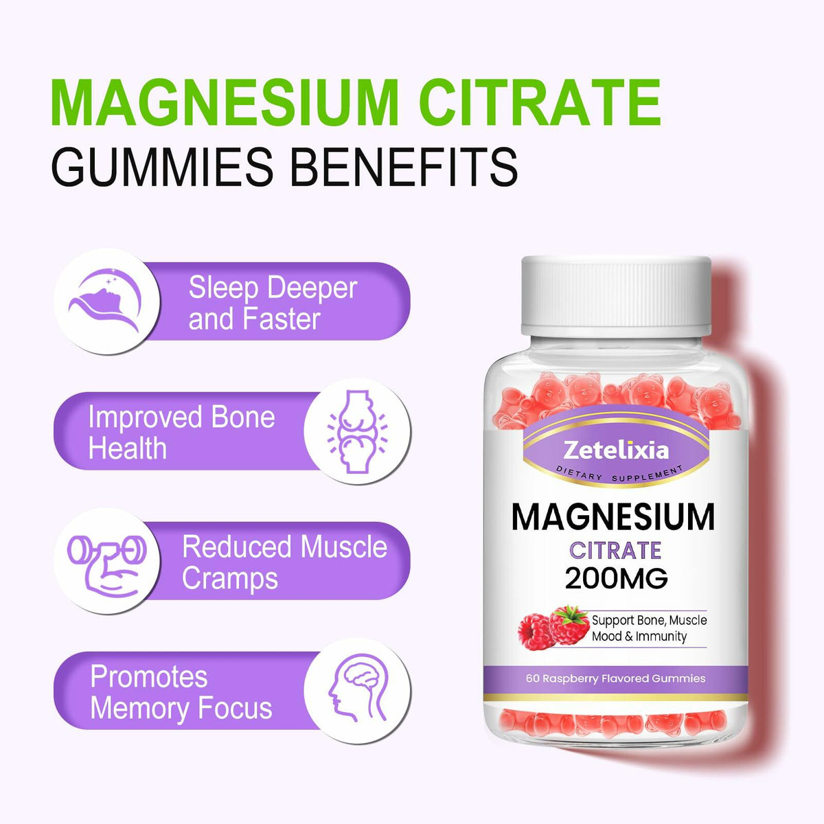 BestBy05/26 Zetelixia Magnesium Citrate Gummies 120 Ct Vegan Raspberry 2 Pack