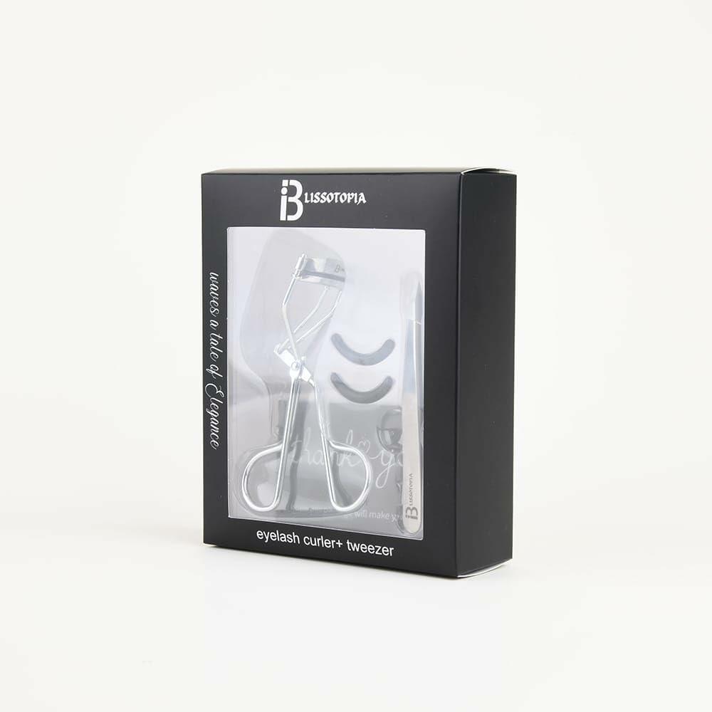BLISSOTOPIA 2-in-1 Eyelash Curler and Tweezer Set Silver Travel Friendly
