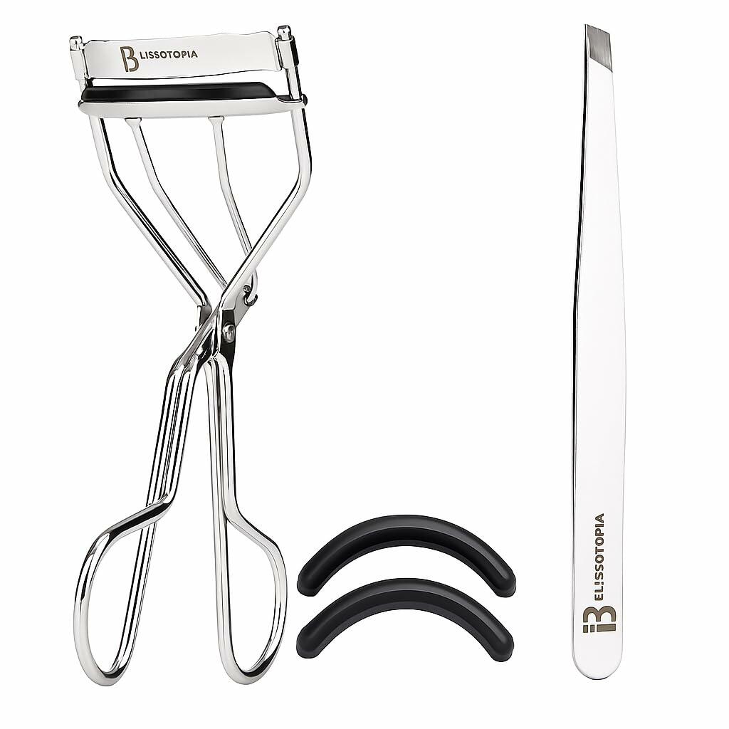 BLISSOTOPIA 2-in-1 Eyelash Curler and Tweezer Set Silver Travel Friendly