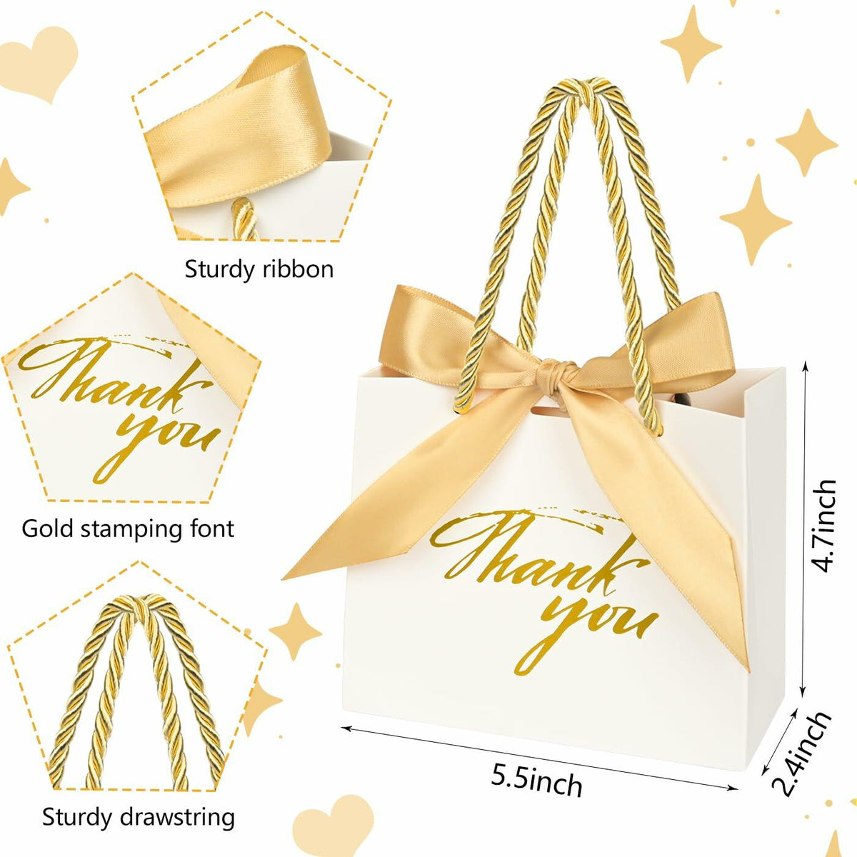 Xylitic Thank You Gift Bags White Gold Ribbon Small 5.5x2.4x4.7 Inch 24 Pack