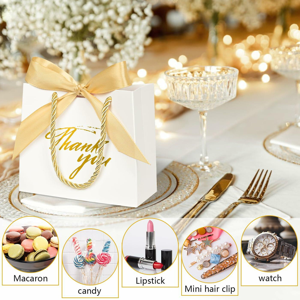 Xylitic Thank You Gift Bags White Gold Ribbon Small 5.5x2.4x4.7 Inch 24 Pack