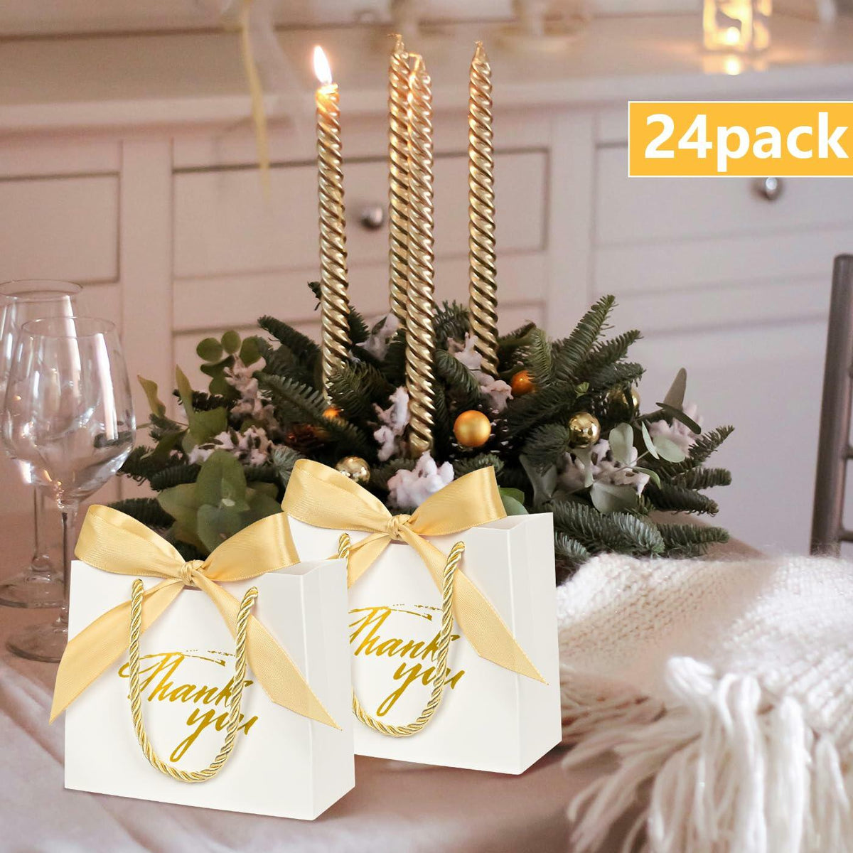 Xylitic Thank You Gift Bags White Gold Ribbon Small 5.5x2.4x4.7 Inch 24 Pack