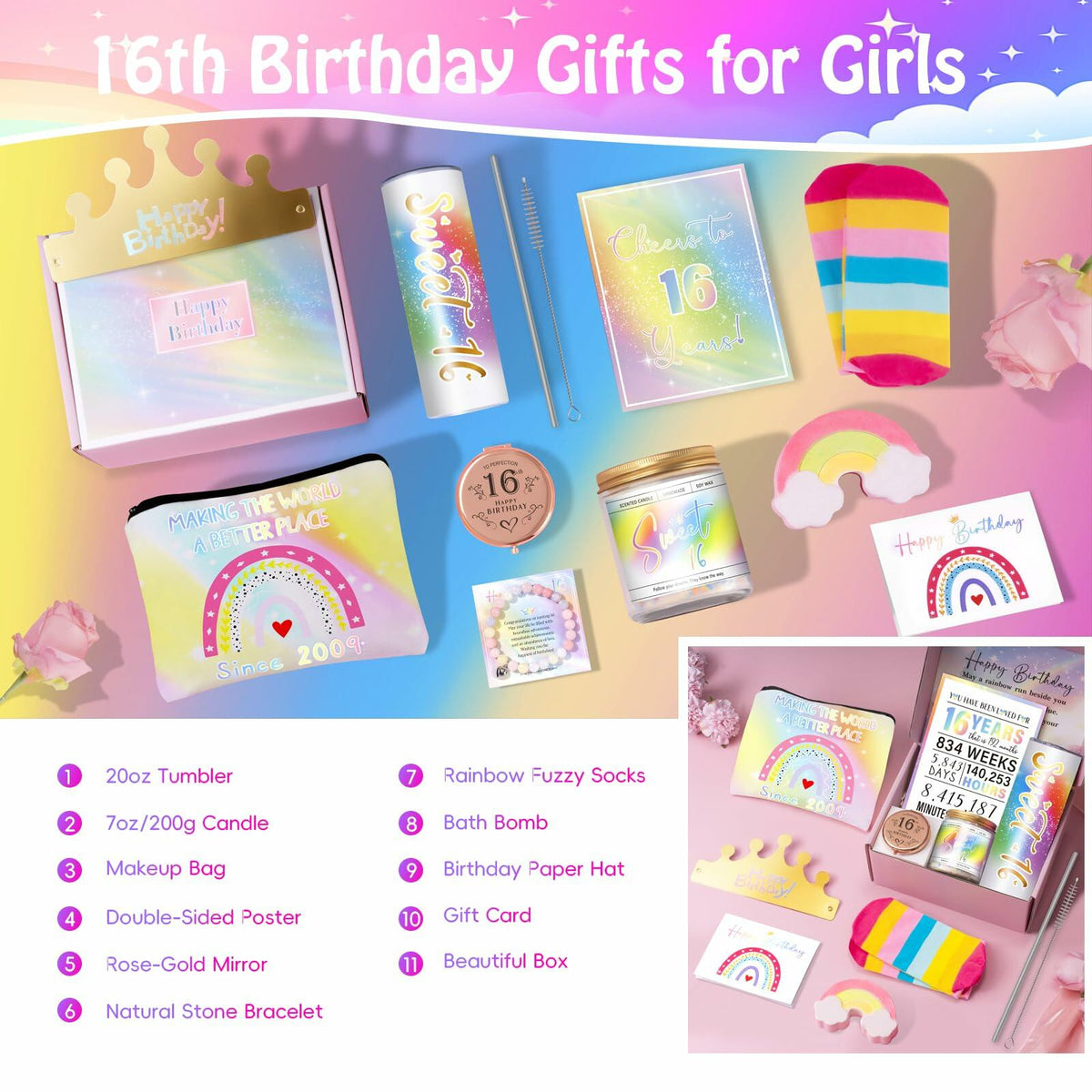Frerdui Sweet 16 Gifts for Girls Rainbow 11 PCS Stainless Steel Set