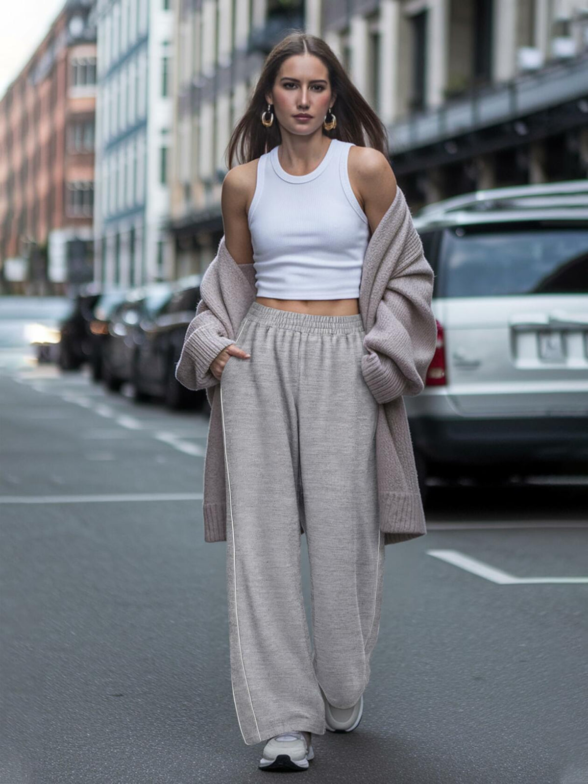 NIMIN Women's High Waist Wide Leg Sweatpants Cotton Light Grey Size M