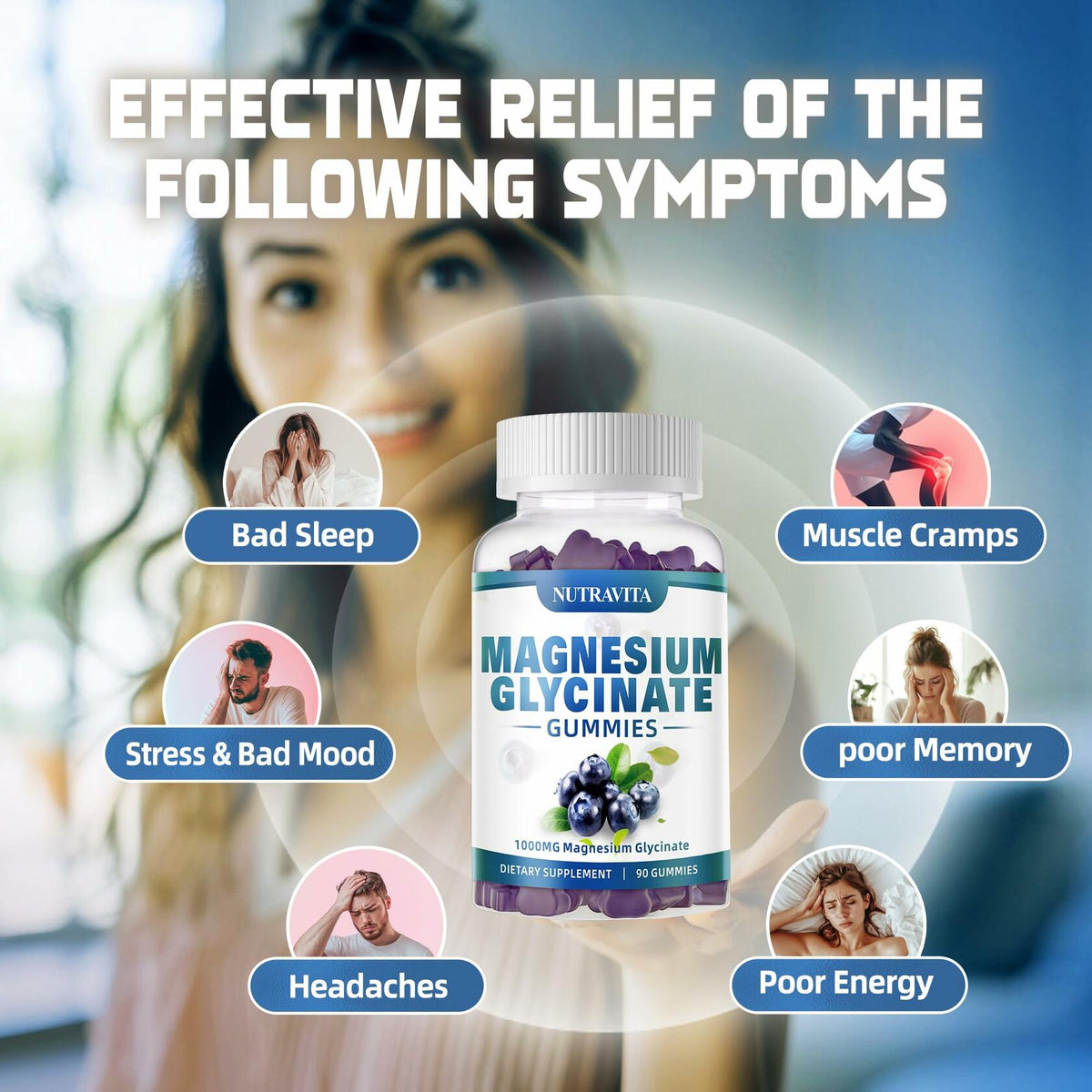 Nutravita Magnesium Glycinate Gummies 1000mg L-Threonate VitD B6 CoQ10 180ct