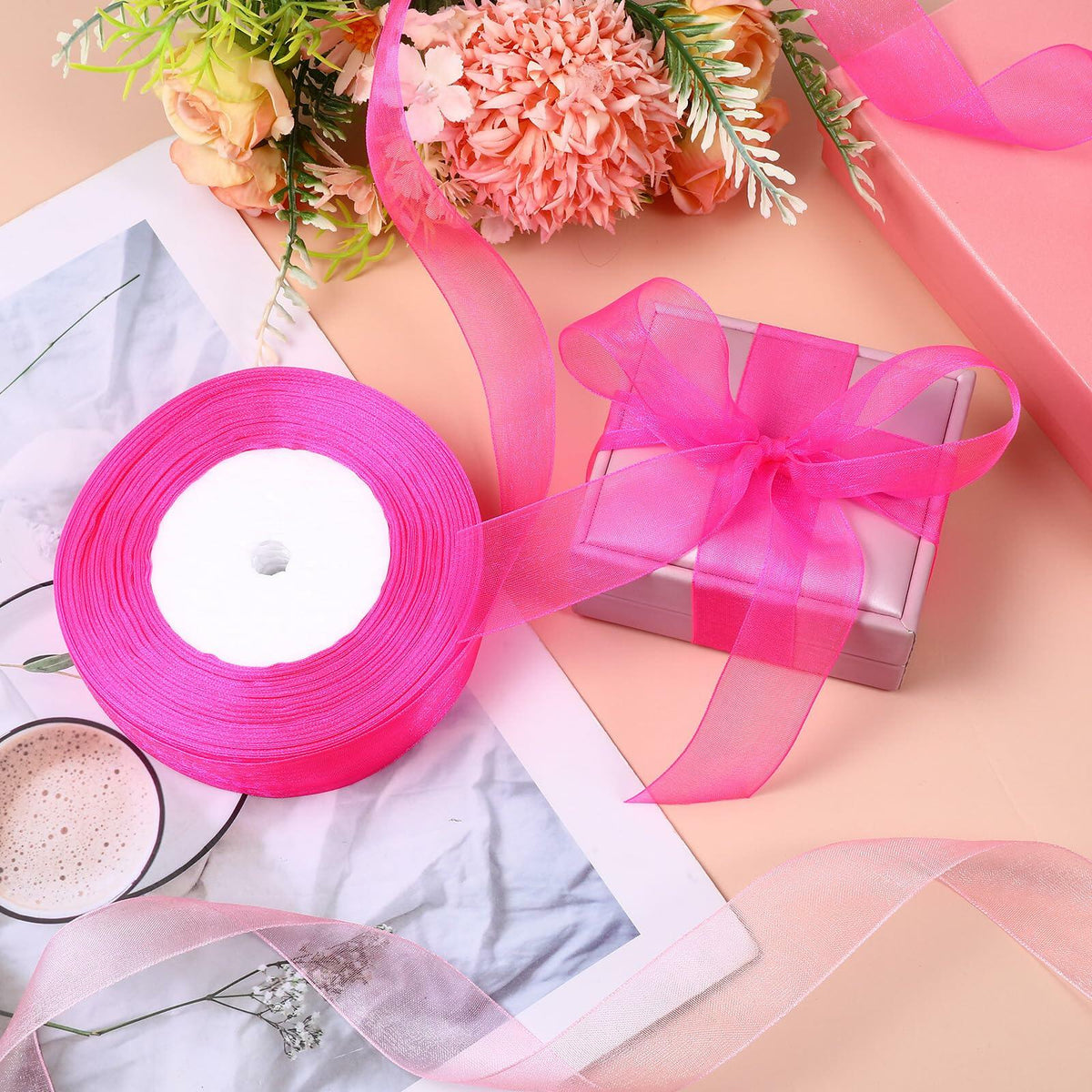 2 Rolls Hot Pink Chiffon Ribbon 1 Inch x 50 Yards Sheer Gift Wrap Crafts