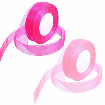 2 Rolls Hot Pink Chiffon Ribbon 1 Inch x 50 Yards Sheer Gift Wrap Crafts