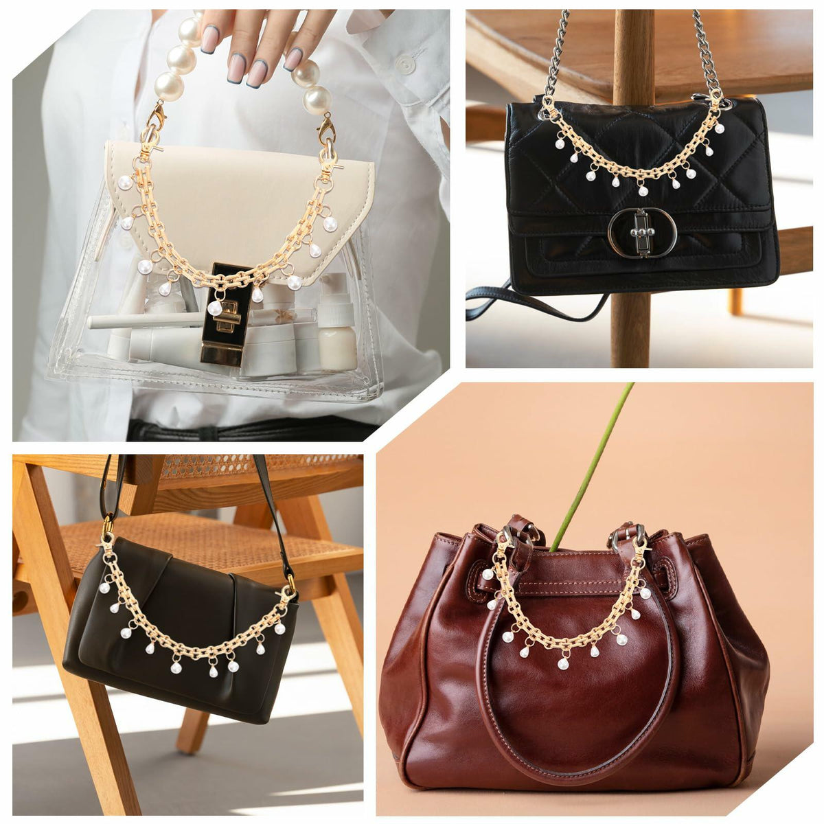 Josojoou 2 Pack Purse Extender Chains Gold Alloy Pearl Accent 10.2 Inch