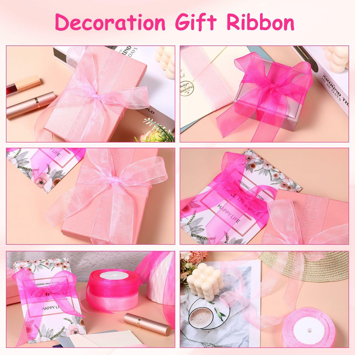 2 Rolls Hot Pink Chiffon Ribbon 1 Inch x 50 Yards Sheer Gift Wrap Crafts