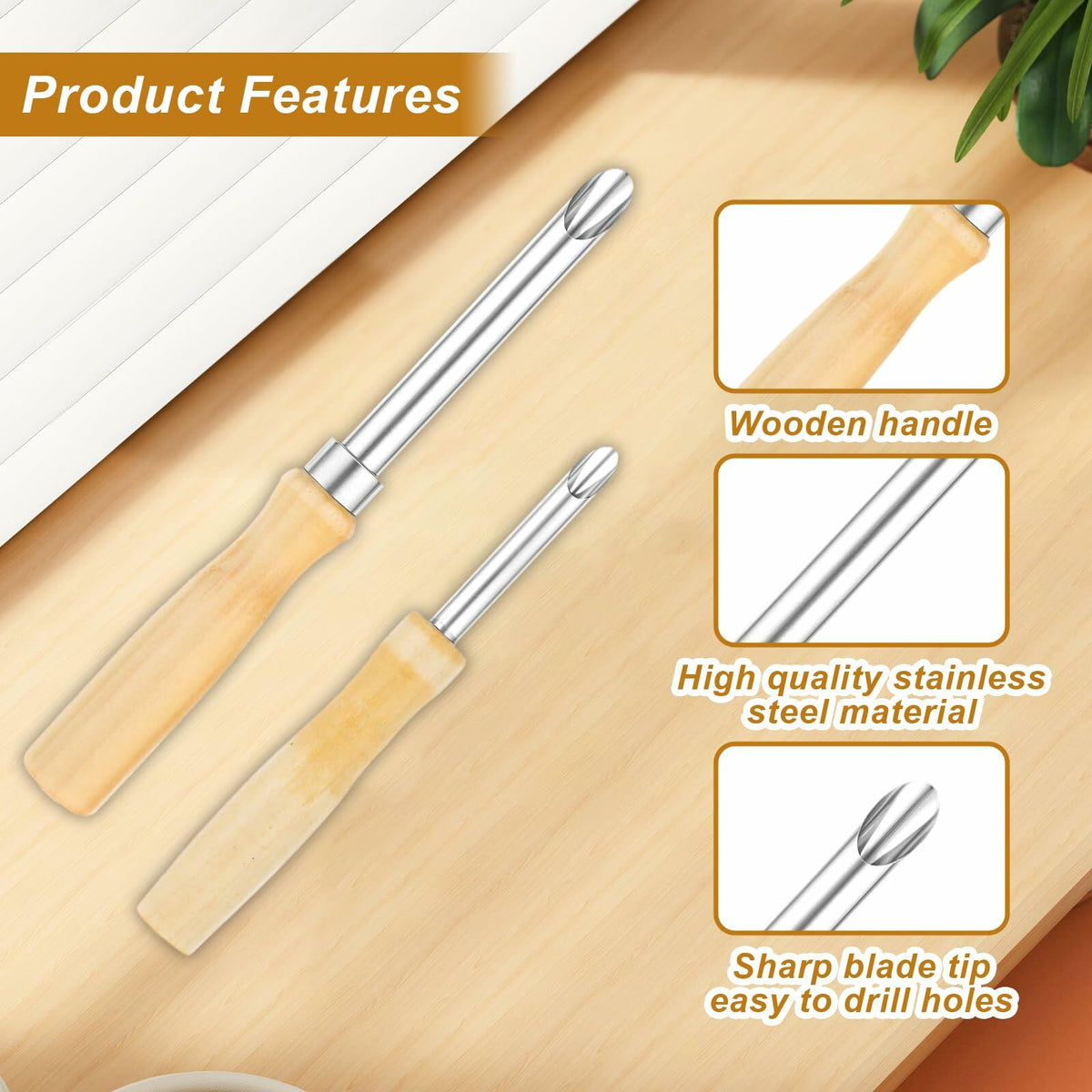 Lusofie 2 Pack Stainless Steel Straw Hole Puncher with Wood Handle