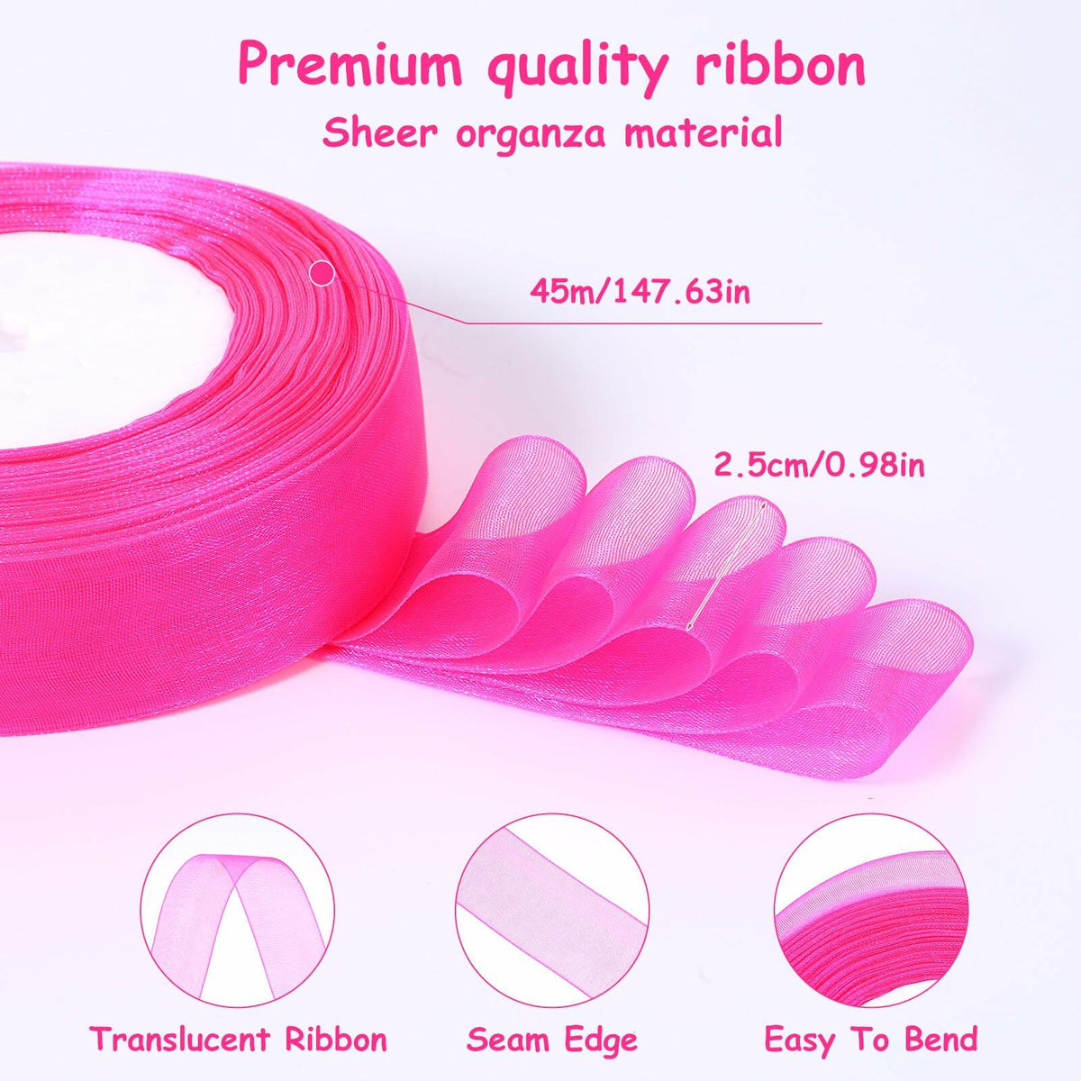 2 Rolls Hot Pink Chiffon Ribbon 1 Inch x 50 Yards Sheer Gift Wrap Crafts