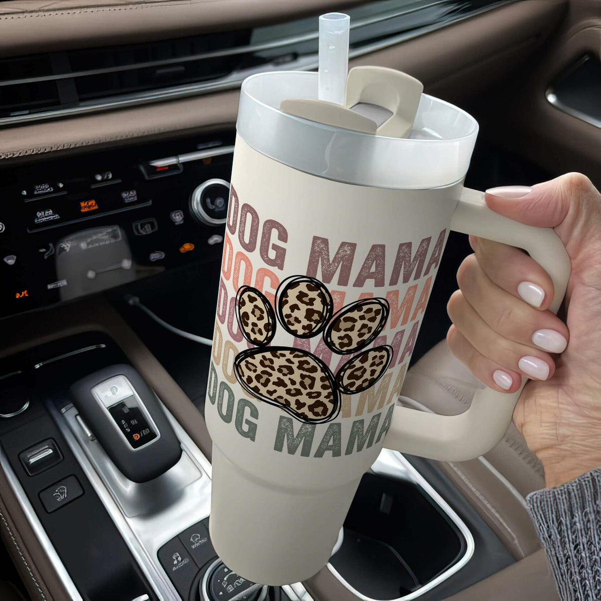Fancyfams 40oz Stainless Steel Tumbler Dog Mama Handle Lid Straw Cream