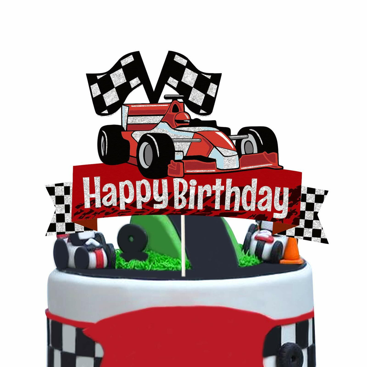EQ EvaIrisQing Glitter Race Car Cake Topper Birthday Decor Checkered Flag