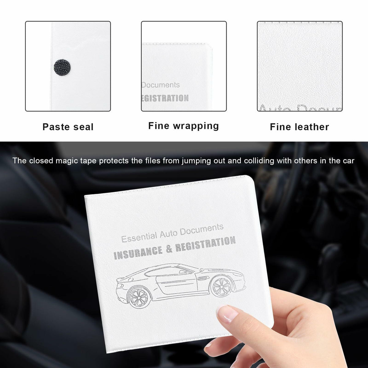 Yourkar 4PCS Car Registration Insurance Holder Organizer Magic Tape White Big