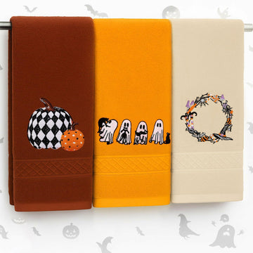 Fanfanwin Halloween Embroidered Ghost Pumpkin Cotton Towels 29x14 Inch 3 Pc