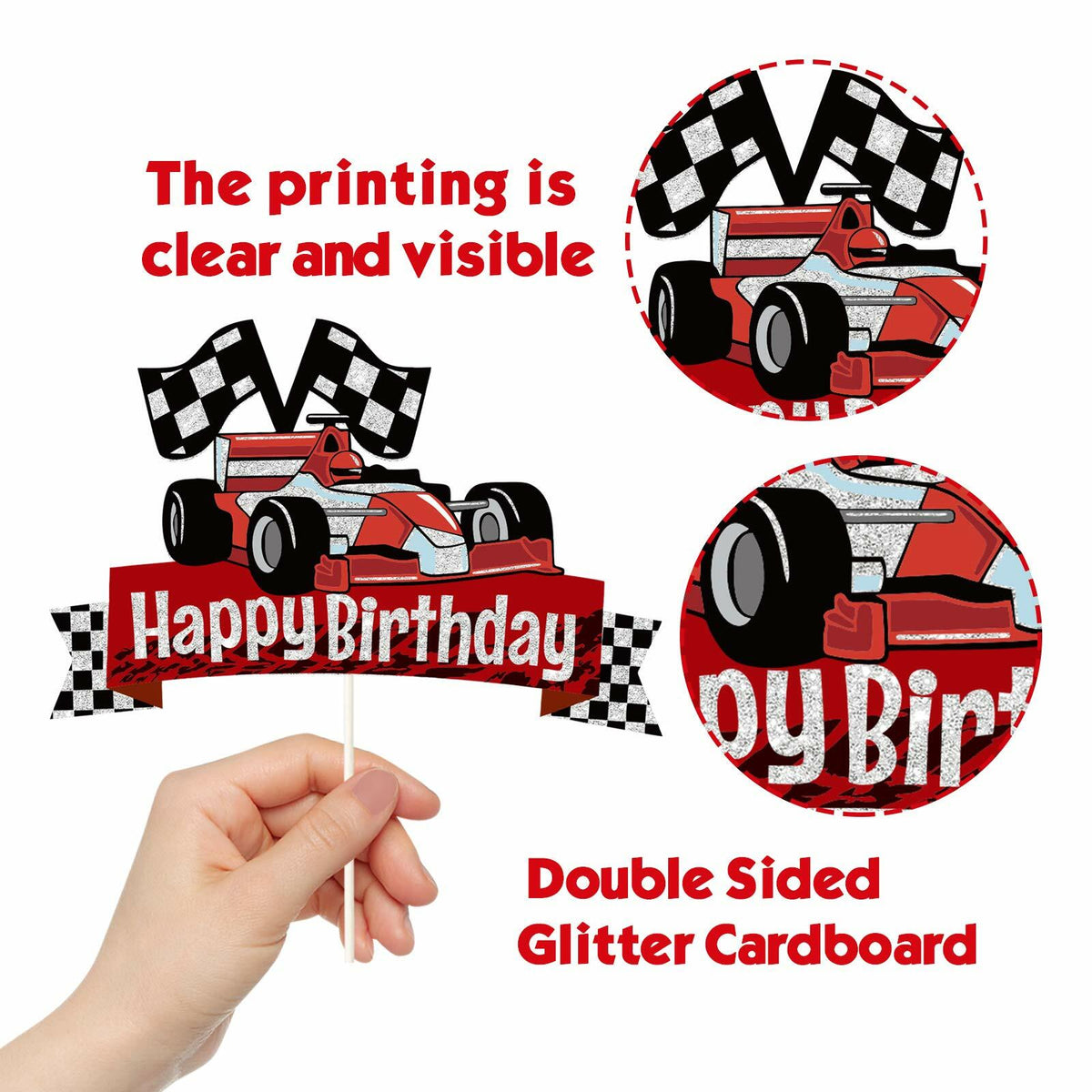 EQ EvaIrisQing Glitter Race Car Cake Topper Birthday Decor Checkered Flag