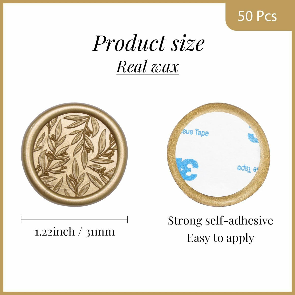 UNIQOOO 3D Leaf Wax Seal Stickers Prosecco Metallic Light Gold 50 Pcs