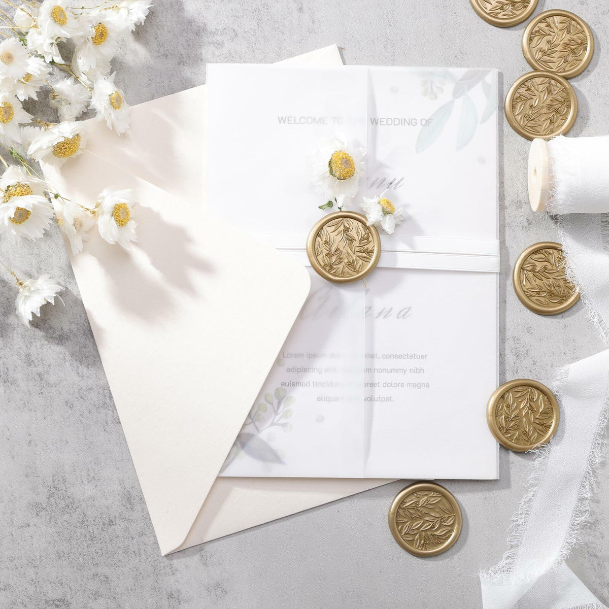 UNIQOOO 3D Leaf Wax Seal Stickers Prosecco Metallic Light Gold 50 Pcs