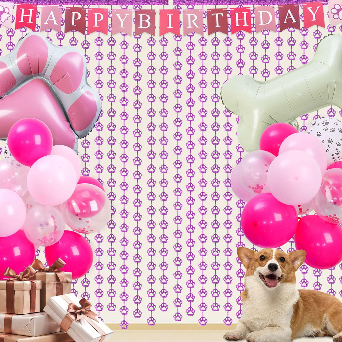 RANERVZ Pink Dog Paw Birthday Decorations Foil Curtain 3.3x6.6ft